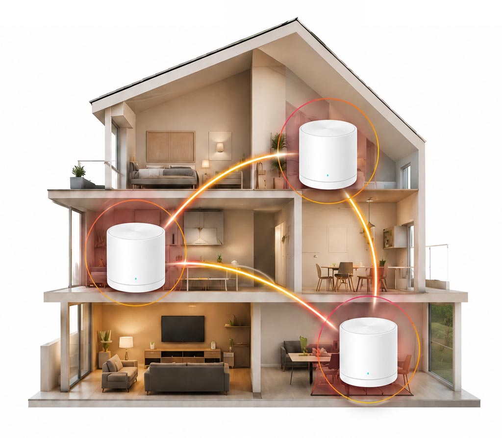 Casa com Wi-Fi Mesh conectando quarto, cozinha e sala através de um roteador em cada ambiente